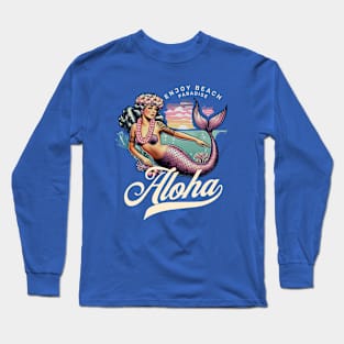 Vintage Mermaid Aloha - Classic Beach Greeting Long Sleeve T-Shirt